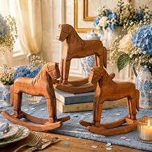 3 Pcs Vintage Wooden Rocking Horse Table Centerpiece, Blue Green Tartan Plaids Baby Shower Decor, Farmhouse Solid Wood Ornaments for Wedding Birthday Nursery Home Decor & Housewarming Gift