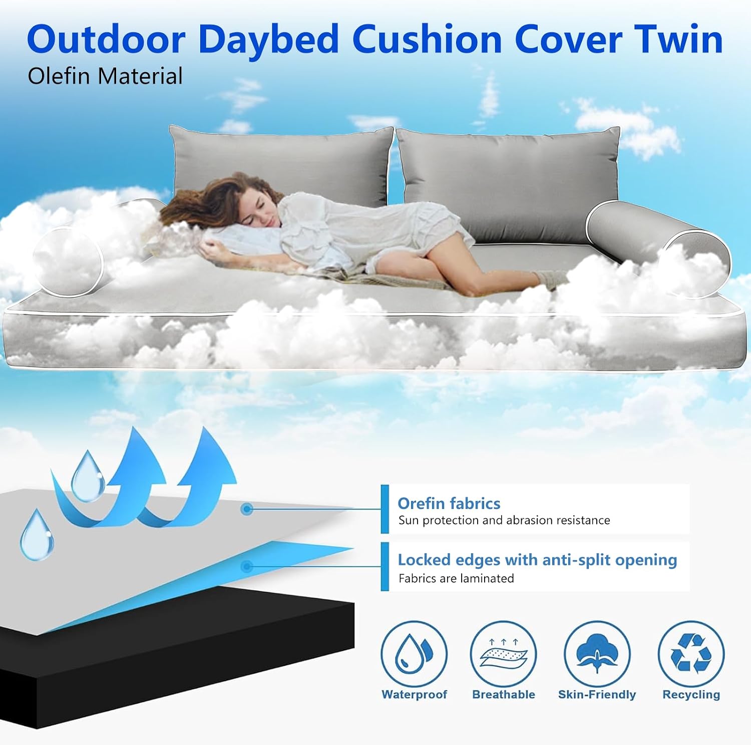 Twin Size Outdoor Daybed Mattress Cover,Waterproof Porch Swing Bed Cushion Covers with Zipper,Patio Bolster Pillow Fitted Sheet Slipcover,ONLY Cover (Light Grey, 75 * 39 * 6in)