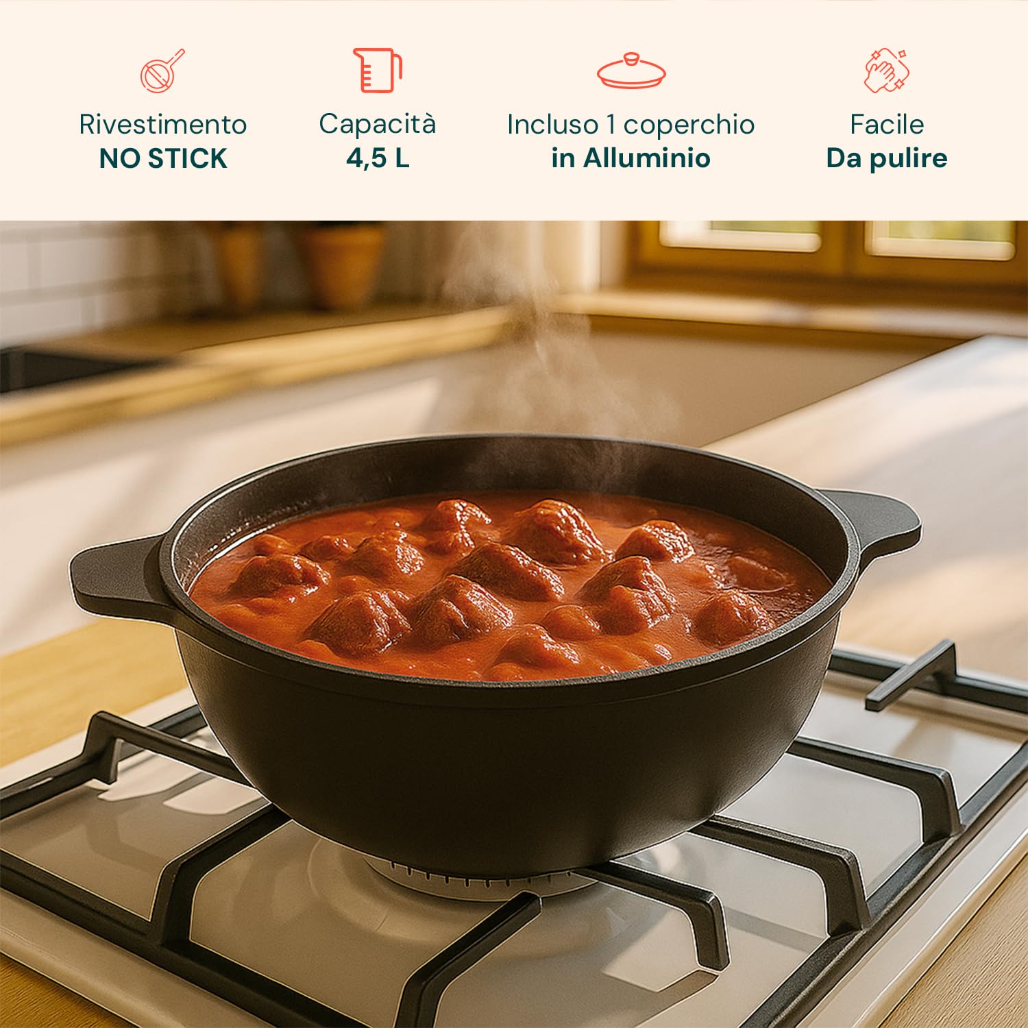 Avilia - Pentole Antiaderente Diametro 28 cm Capacità 4,5 L con Coperchio in Alluminio per Induzione, Perfetta per Stufati e Paella, Uso anche in Forno, Casseruola Antiaderente Robusta
