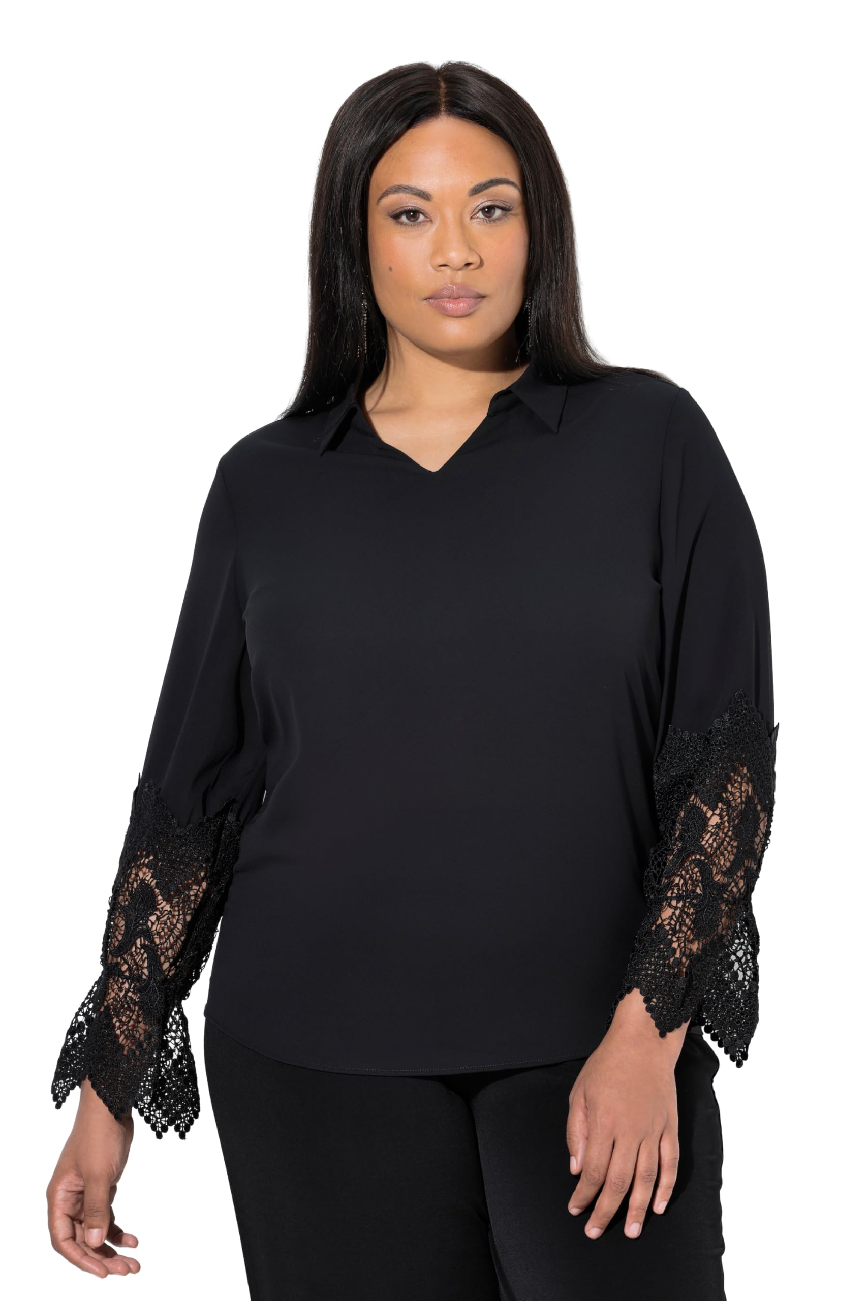 Ulla Popken Damen große Größen Übergrößen Plus Size Bluse, Spitze, Hemdkragen, V-Ausschnitt, Langarm, Krepp 847396