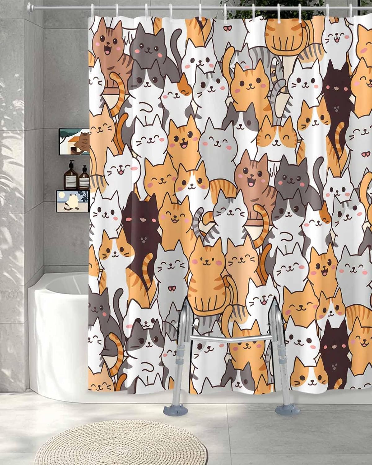 Animal Split Shower Curtain for Transfer Bench, Cartoon Blush Cats Bathroom Curtain for Bathtub Transfer Chair 72x72 Inch Shower Curtain Set with Hooks and 2 Vertical Slits