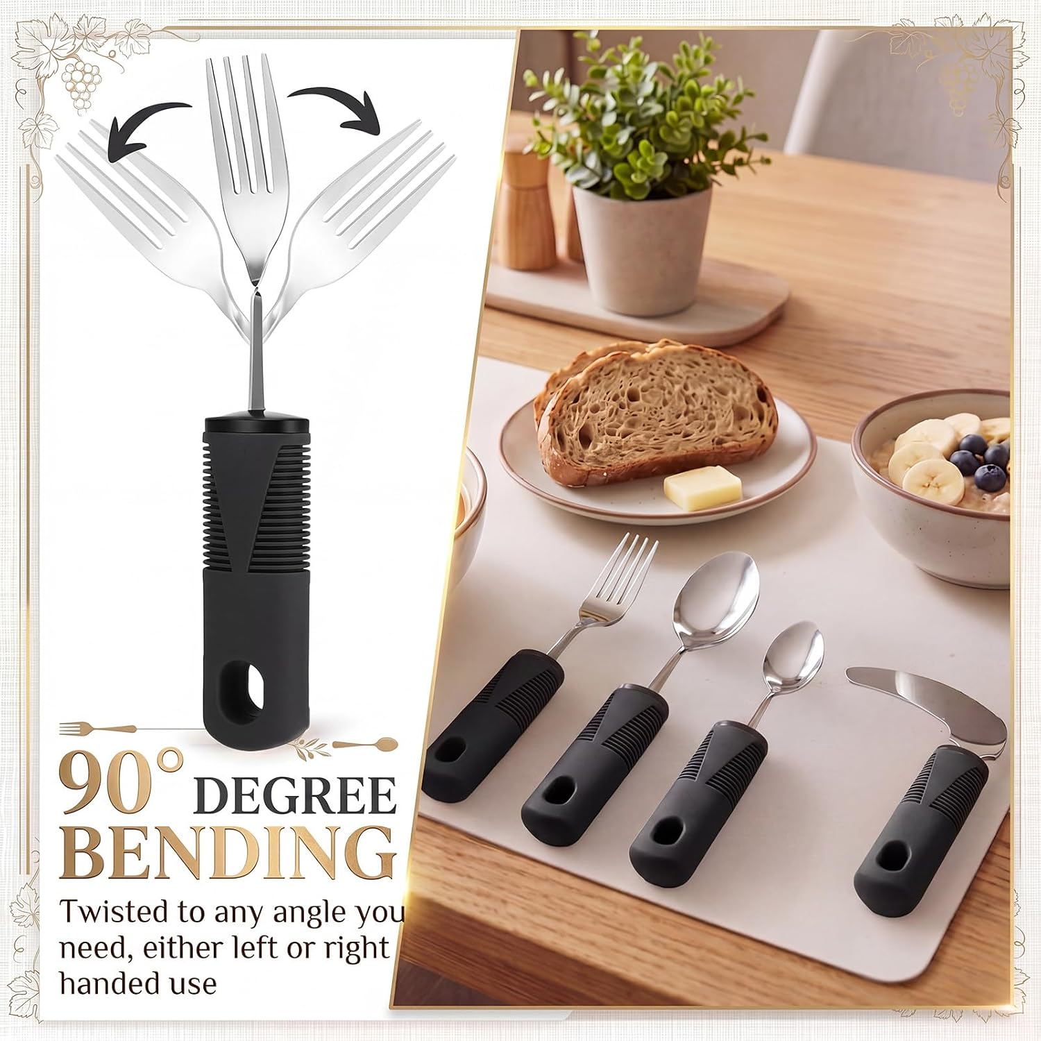 4 Pcs Bendable Adaptive Utensil for Elderly Include Bendable Fork Teaspoon Tablespoon and Knife 3 oz Weighted Utensils Built up Non-slip Handle for Hand Tremors Weighted(Black)