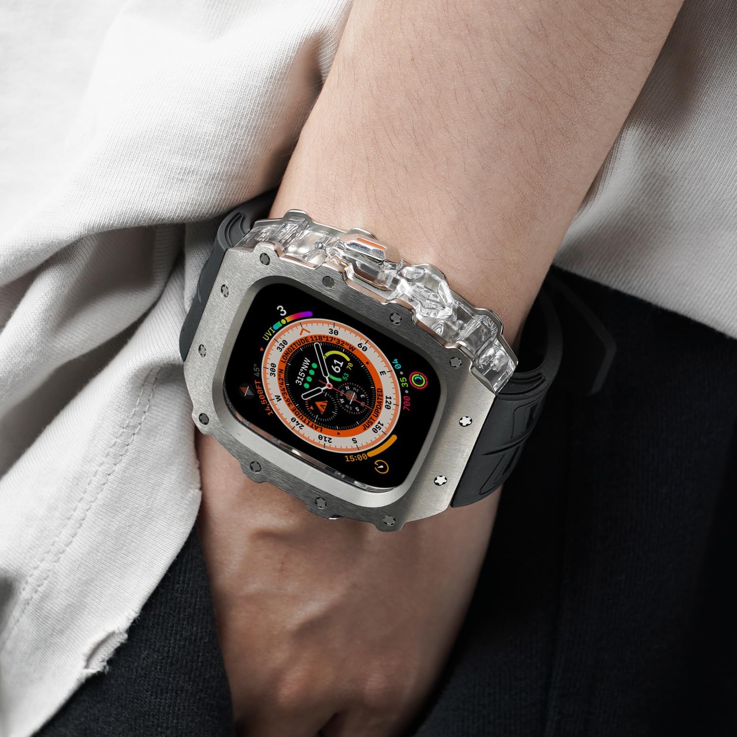 Luxury Apple Watch Ultra 3 2 1 Case Titanium with Fluorine Rubber Band, Men's Protective iWatch Ultra 49mm Cover, Lightweight Titanium Case 49mm for Apple Watch Ultra 2/ Ultra