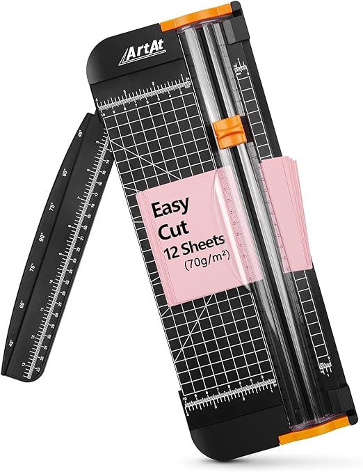 ArtAt A4 Paper Cutter Guillotine Trimmer - 12 Inch Heavy Duty Craft & Office Tool with Automatic Safety Blade, Side Ruler for Cardstock, Coupons, Photos, Labels (Black)