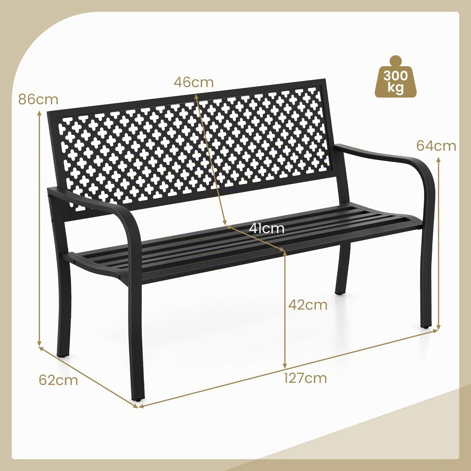 COSTWAY Gartenbank Metall, wetterfeste Sitzbank für 2-3 Sitzer, Parkbank mit Rückenlehne & Armlehne, Metallbank bis 300 kg belastbar, Eisenbank für Garten, Terrasse, Balkon, 127 x 62 x 86 cm (Schwarz)