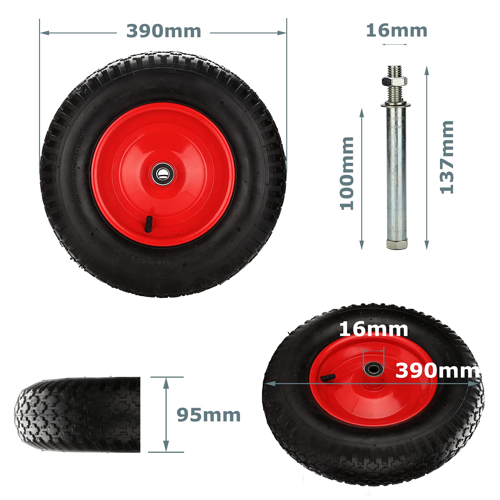 Koło do taczki pneumatyczne z osią, 4,80/4,00-8 Ø 390 mm 200 kg wraz z osią, koło zapasowe do taczki, odporne na przebicie, koło poliuretanowe, wózek ogrodowy, zestaw 2 sztuk