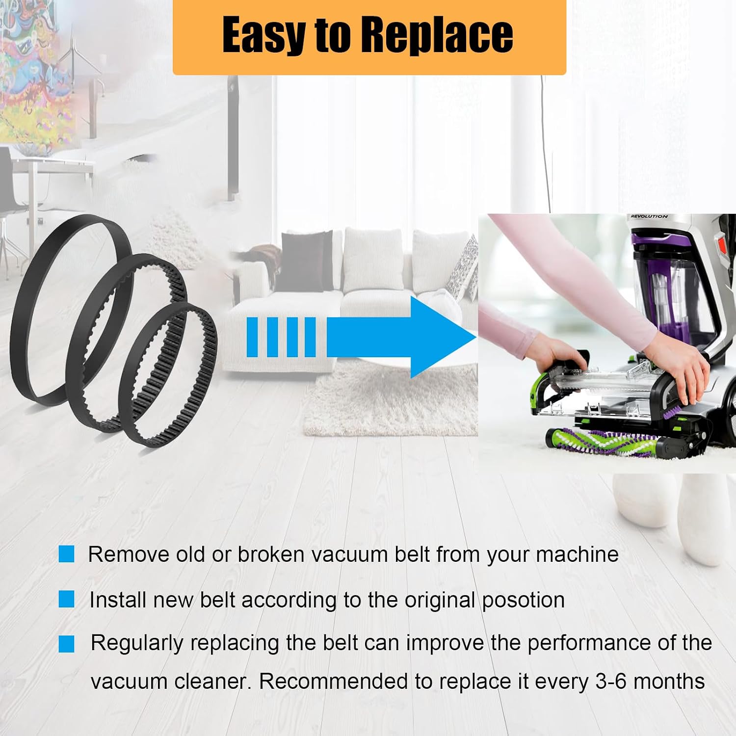 Vacuum Replacement Belt for Bissell ProHeat 2X Revolution Pet Pro Carpet Cleaner 1986, 1964, 2007, 2007P Series, Replace Parts 1611129, 1611130 & 1606428 （Pack of 3）