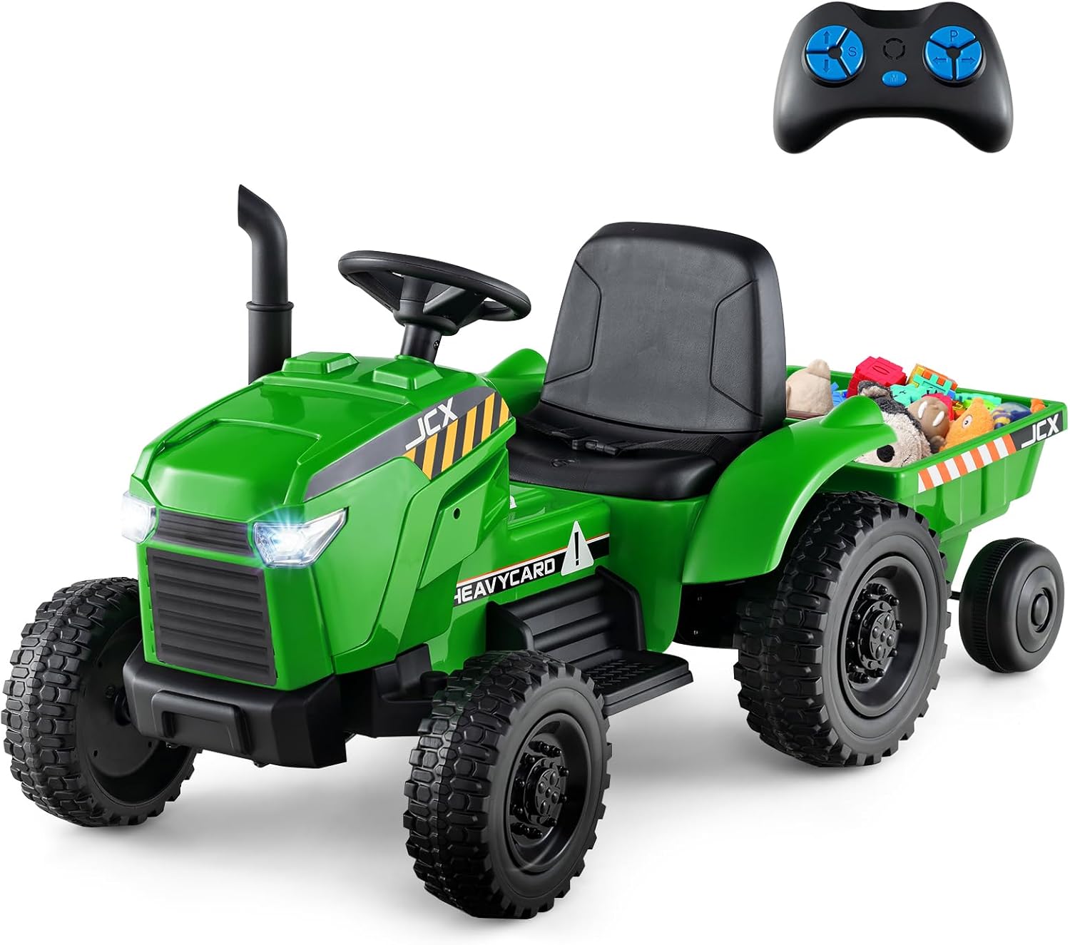 HONEY JOY Upgrade Kids Ride On Tractor with EVA Treaded Tires, 12V 7AH Battery Powered Electric Car w/Trailer, Music, 25W Dual Motors, Ground Loader, Toddler Ride On Car w/Remote Control(Green)