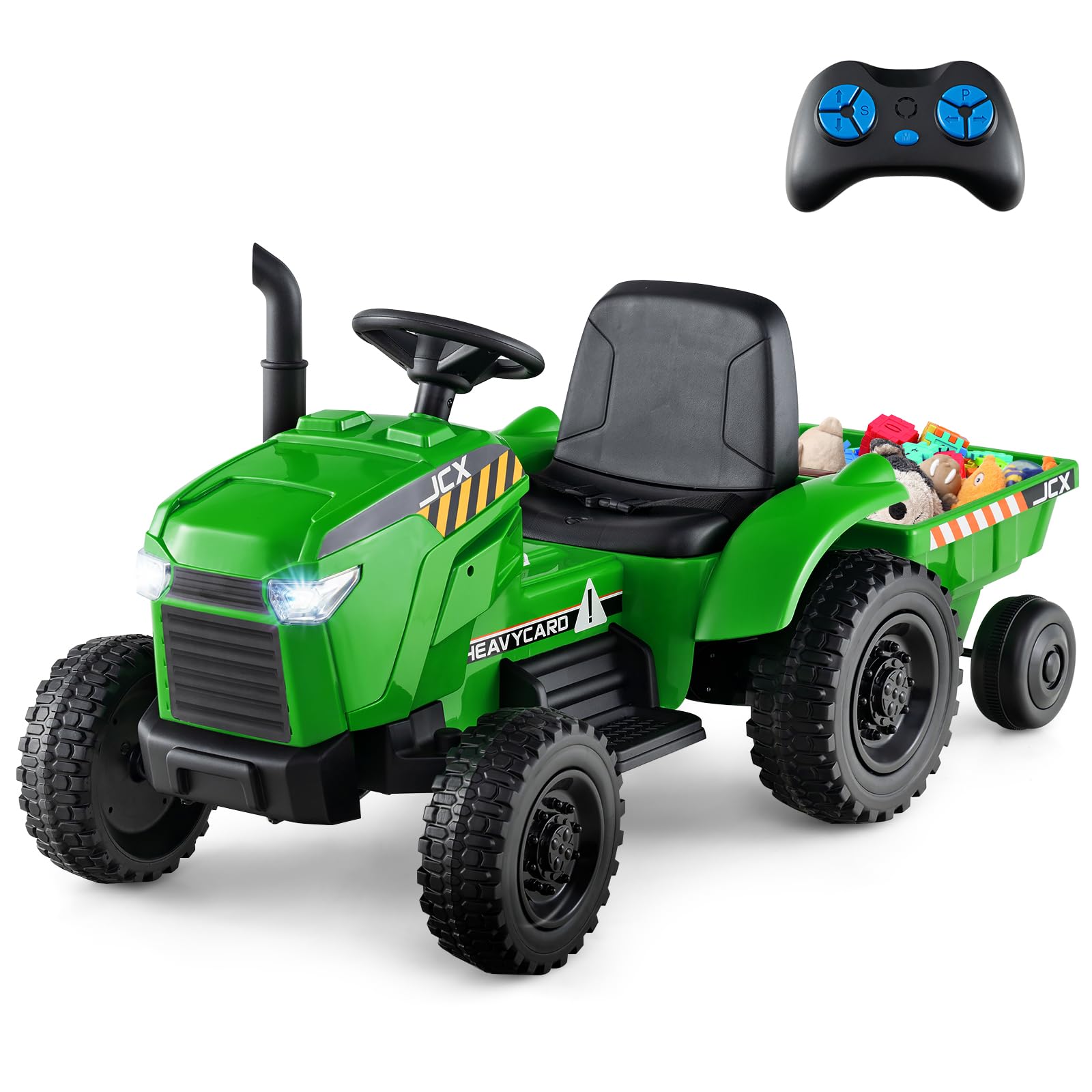 HONEY JOY Upgrade Kids Ride On Tractor with EVA Treaded Tires, 12V 7AH Battery Powered Electric Car w/Trailer, Music, 25W Dual Motors, Ground Loader,