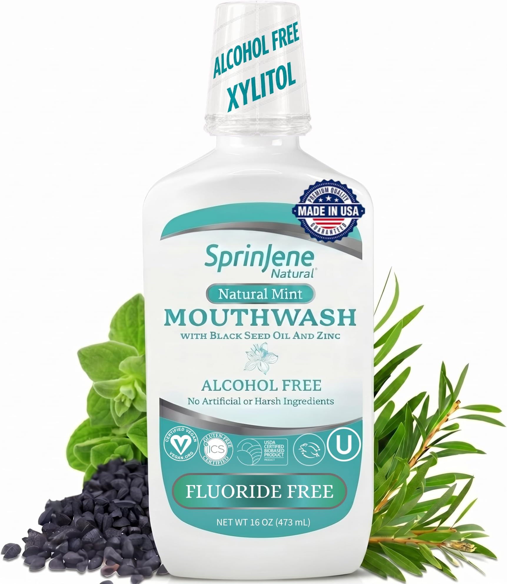 SprinJene Alcohol Free Mouthwash with Xylitol โ Fluoride Free Natural Mouthwash for Dry Mouth, Whitening & Fresh Breath โ Patented Black Seed Oil & Zinc Formula โ Vegan & Made in the USA (1 Pack)