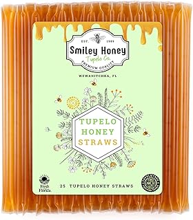 Smiley Honey 100% Tupelo Honey Straws, Raw, Pure and Unfiltered Honey, Single Serve Stir Sticks, 100% Tupelo Honey (25 Count)