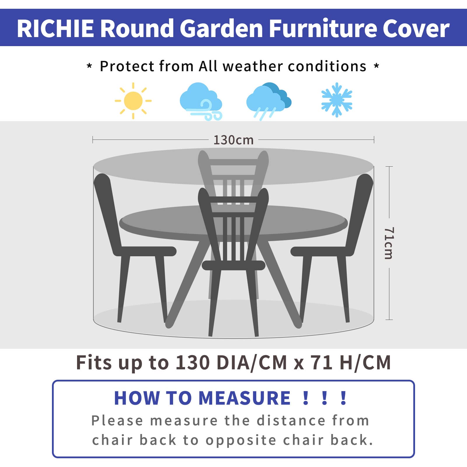 RICHIE Coperture per mobili da giardino, copertura impermeabile per tavolo 130 x 71 cm, in polietilene traspirante, per tavoli e sedie da esterno, trasparente