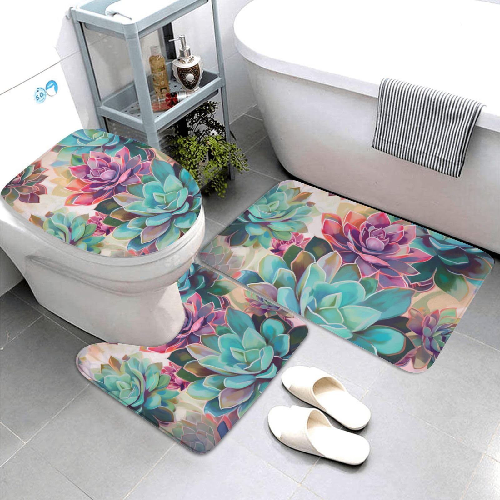 OUSIKA Tappetino da bagno colorato con stampa succulenta 3 pezzi inclusi tappetino contorno tappetini assorbenti bagno copertura WC per bagno