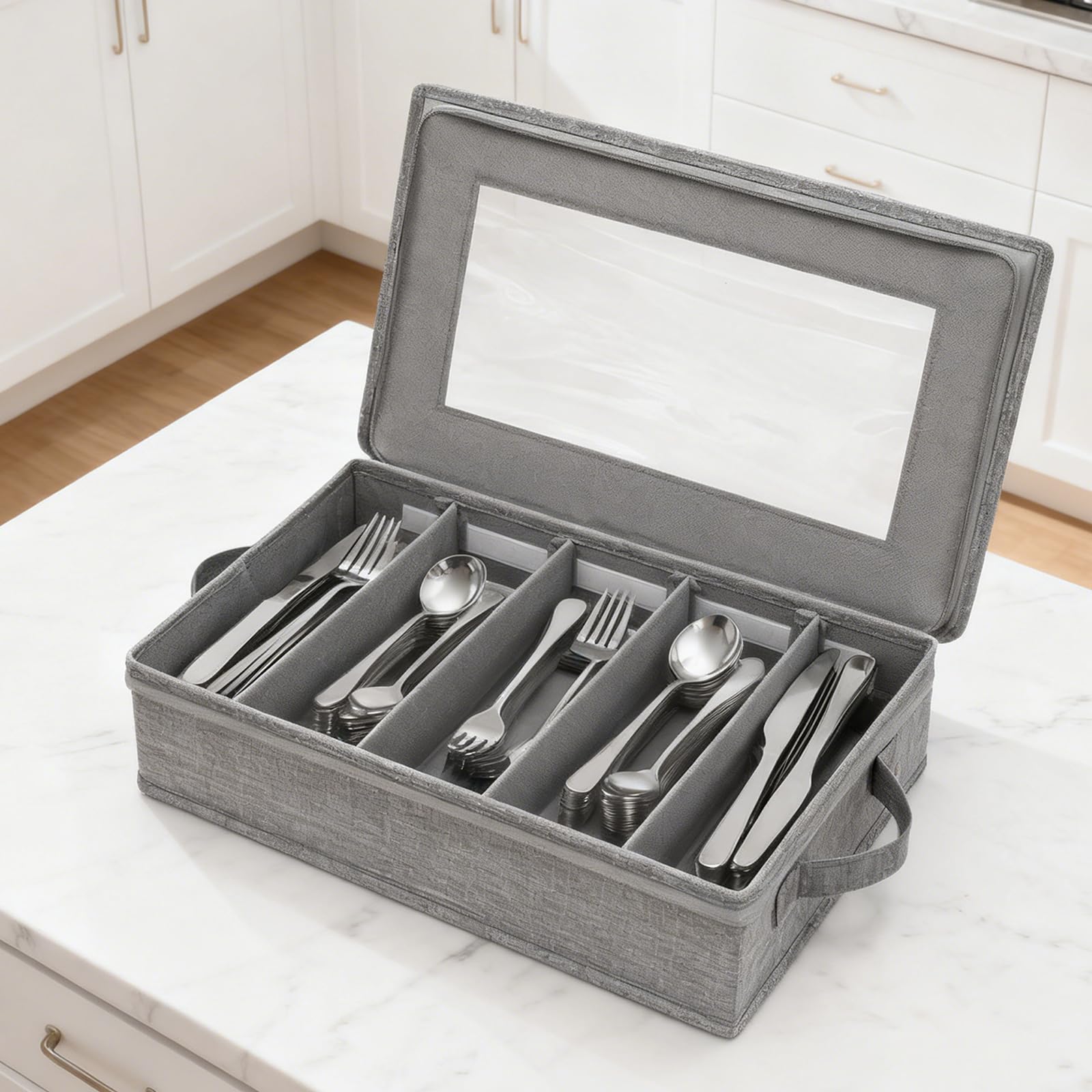 Portaposate con coperchio, contenitore per posate, scatola portaposate con 5 scomparti regolabili, per coltelli, forchette, cucchiai, cucina, ristorante e campeggio (43 x 26 x 10 cm)