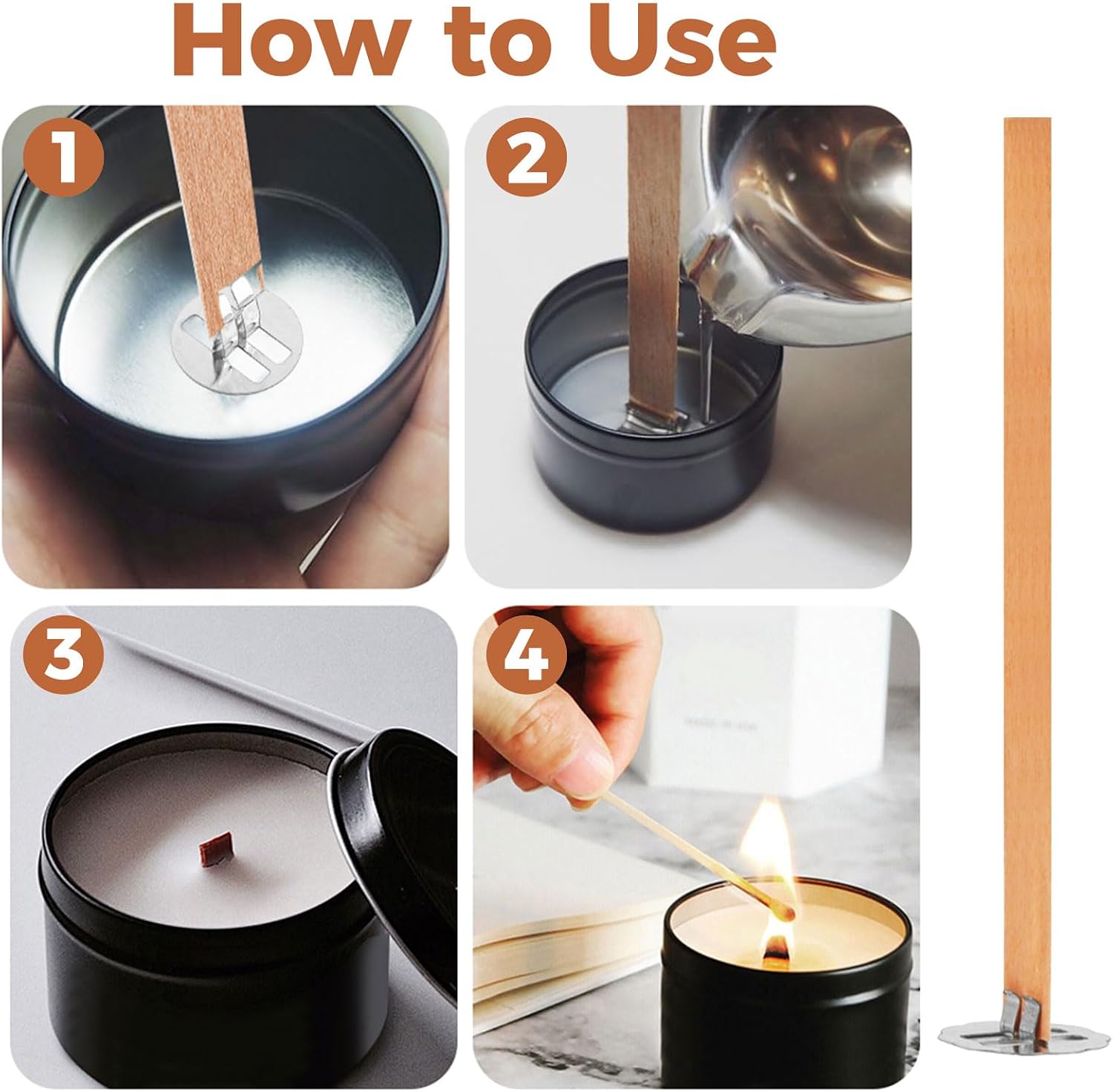 150 Pcs Candle Wicks for Candle Making, 50 Wood Wicks with Metal Bases and Clips for Candle DIY, 100 Cotton Wicks with Stickers and Holders for Soy Wax, Beeswax, Coconut Wax