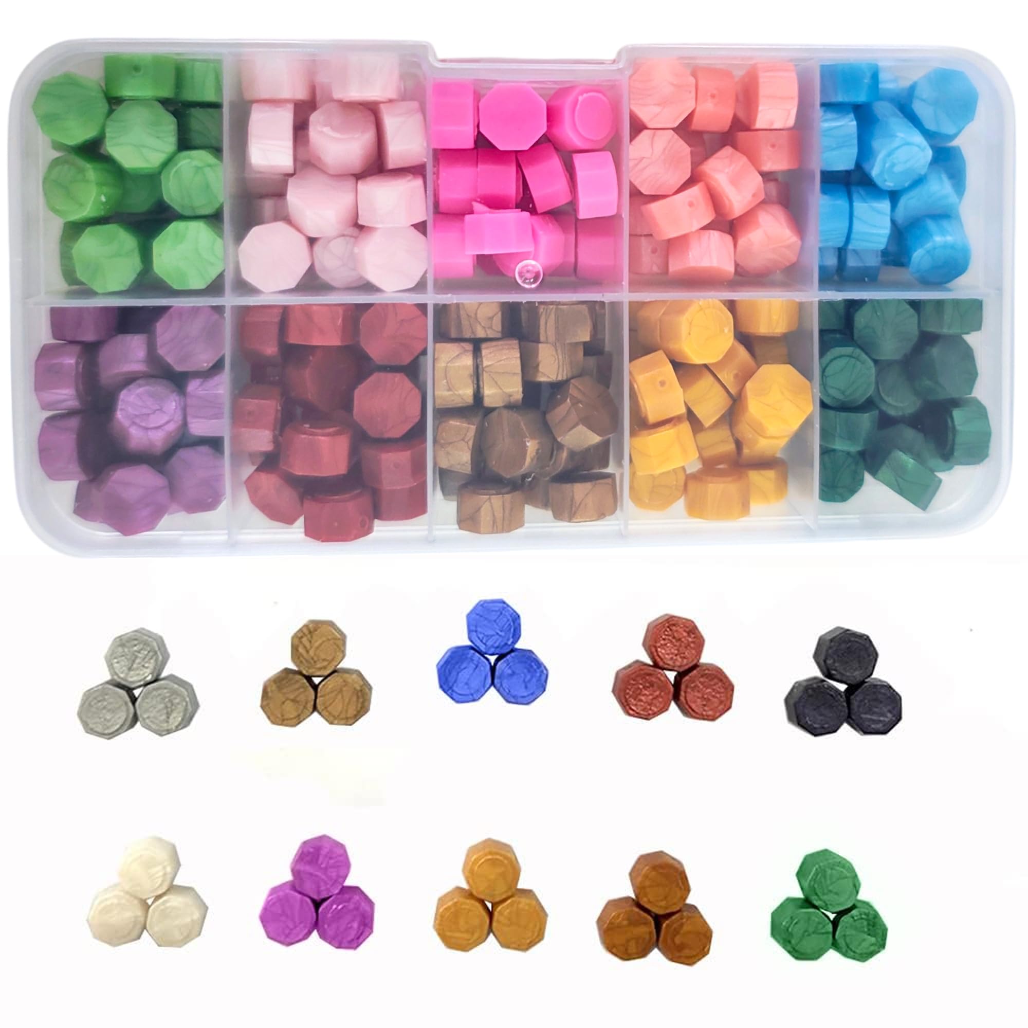 Curated Cart Sealing Wax Beads – 200pcs Octagon Pellets for Stamp Seals | 10 Bright Colors in Reusable Plastic Grid Box | Ideal for Invitations, Letters, Craft Projects