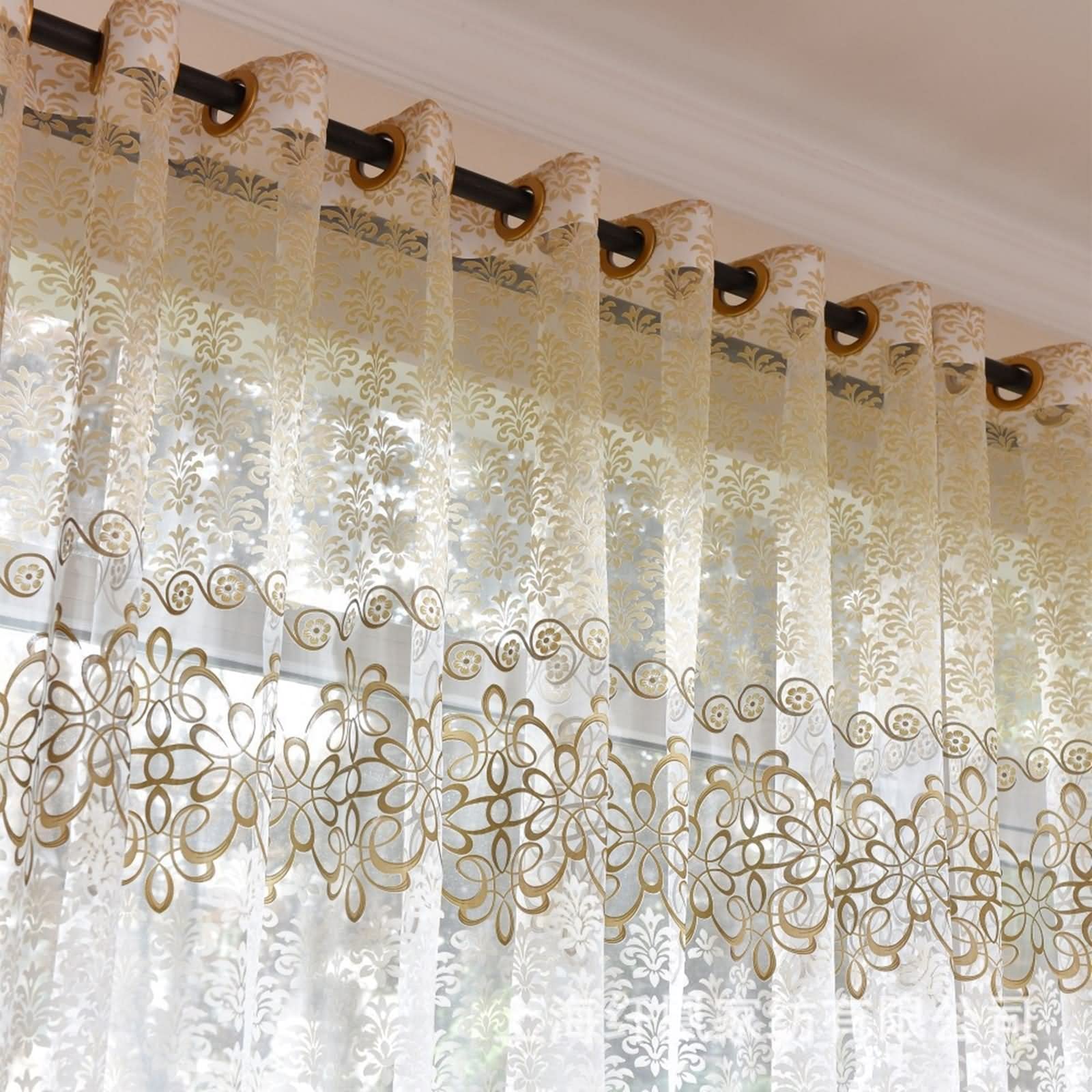Vorhang Boho Style, Küchenvorhang Braun Transparente Blume Polyester 2 Stücke 107X214cm