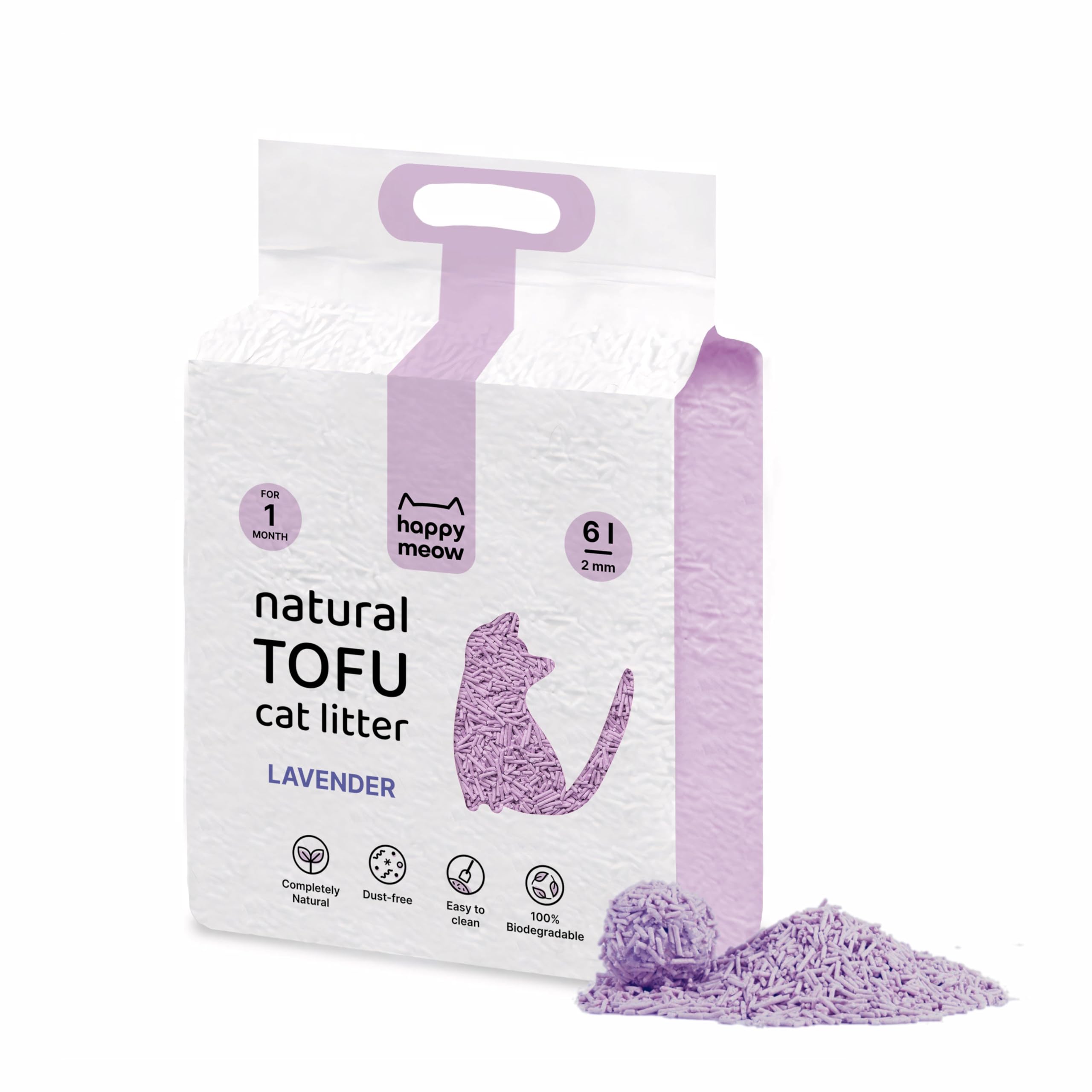 HAPPY MEOW Arena de Tofu para Gatos (6L / 2,5Kg) - Natural y Biodegradable - Aglomerante Instantáneo, Bajo en Polvo, Control de Olores Duradero, Ultra Absorbente, Desechable en el Inodoro (Lavanda)
