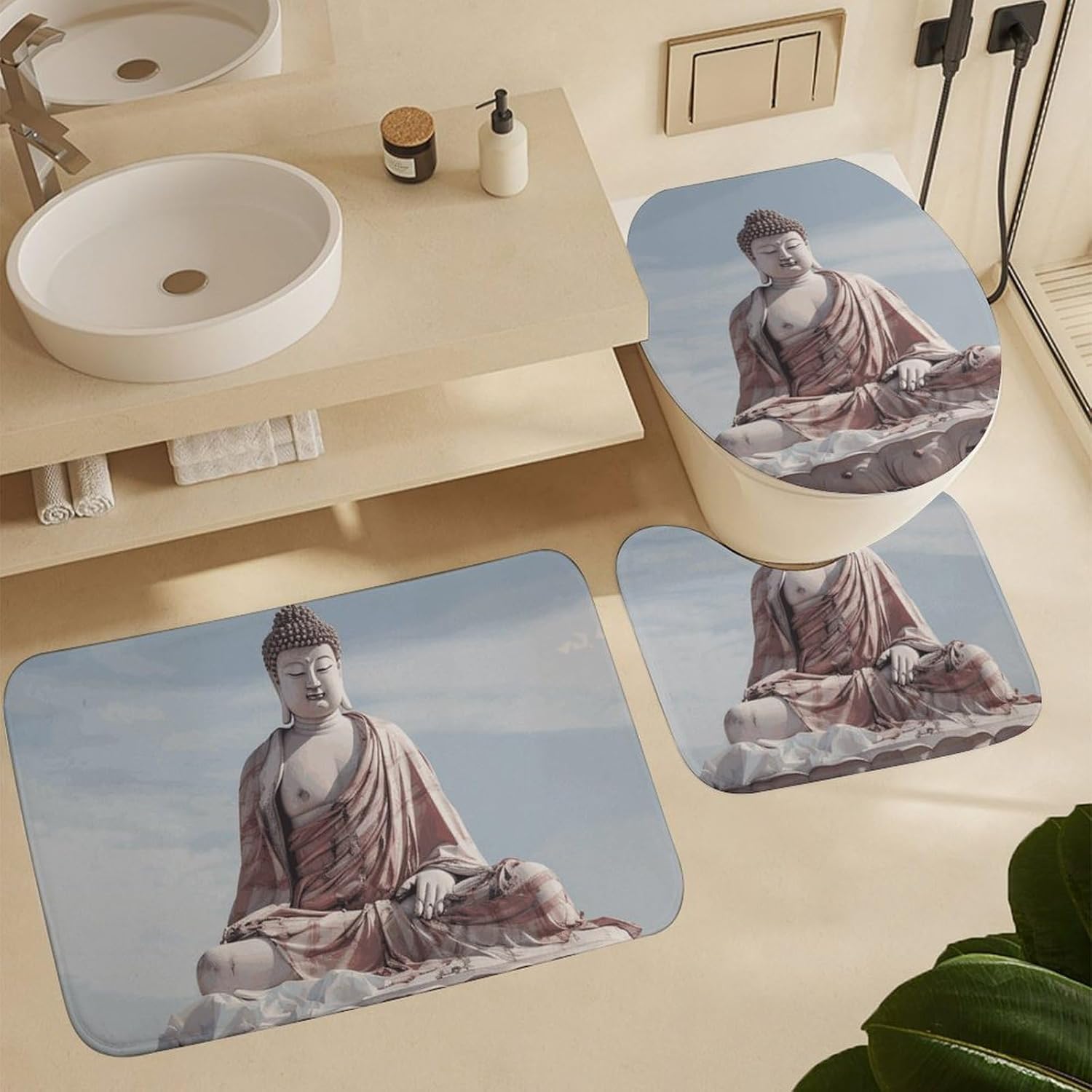 White Statue Shower Curtain Set 4 Piece, Non-Slip Bath Mat with Toilet Lid Cover and Waterproof Shower Curtain with 12 Hooks, Complete Bathroom Set for Home Decor