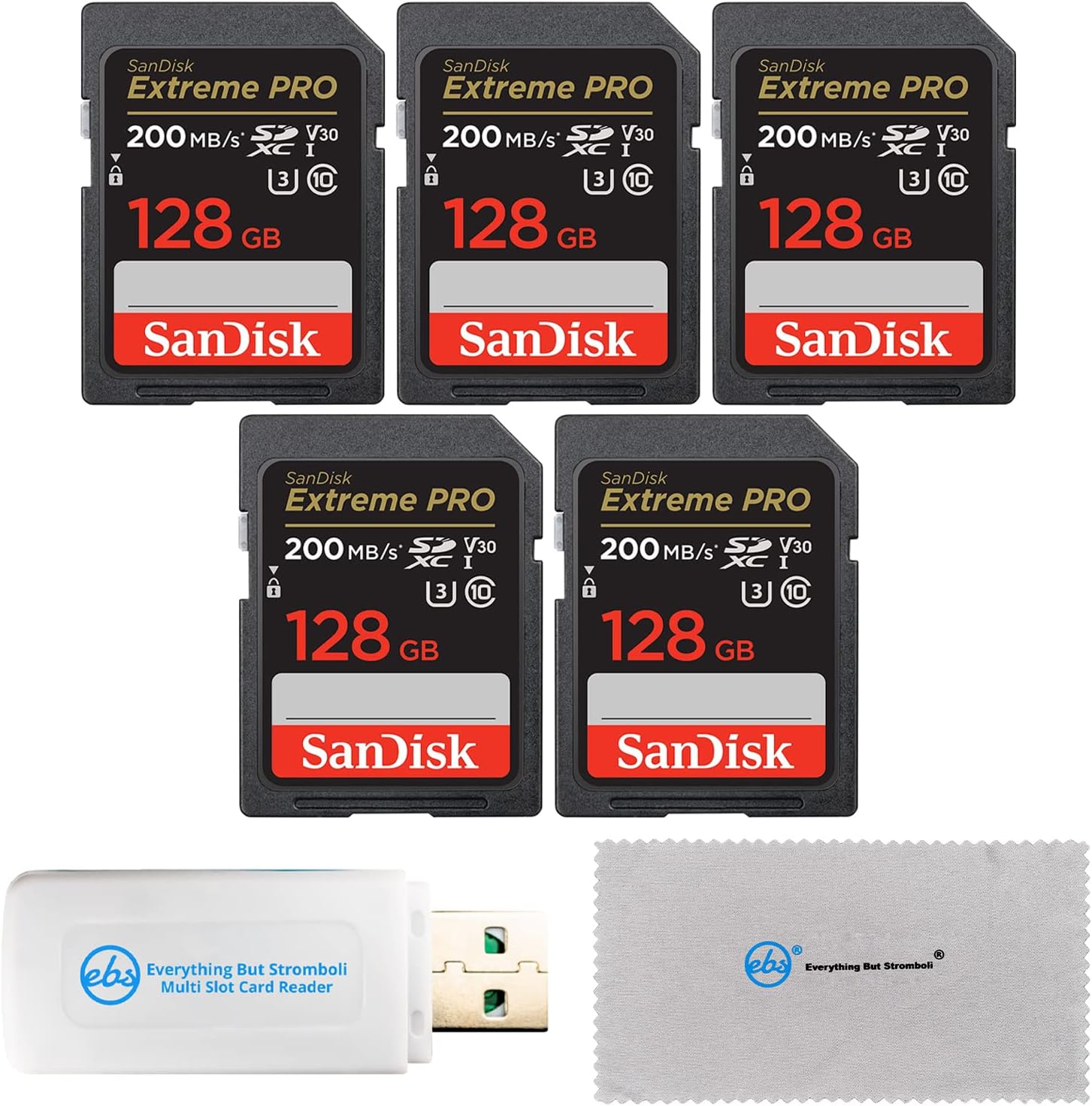 SanDisk (Five Pack) SD Extreme Pro Memory Card Works with Digital DSLR Camera 4K V30 UHS-I (SDSDXXD-128G-GN4IN) Bundle with Everything But Stromboli Micro & SD Card Reader & Micro Fiber Cloth