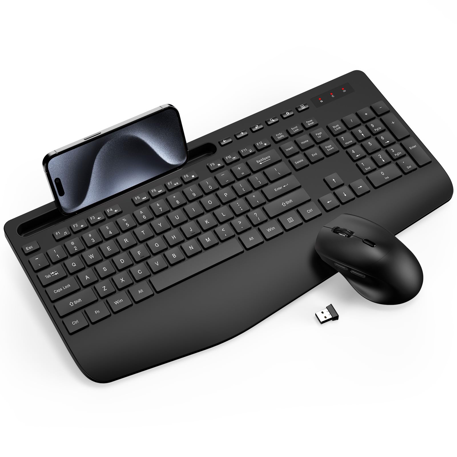 Wireless Keyboard and Mouse Combo - Full-Sized Ergonomic Keyboard with Wrist Rest, Phone Holder, Sleep Mode, Silent 2.4GHz Cordless Keyboard Mouse Combo for Computer, Laptop, PC, Mac, Windows -TruequeClimatePartner certified