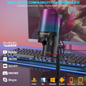 ZealSound USB Microphone for PC Mac iPhone & Android, Podcast Mic with Noise Cancellation, Touch Mute, RGB Light, Volume & Monitor Control, for Streaming Gaming Podcasting ASMR TikTok Discord YouTube