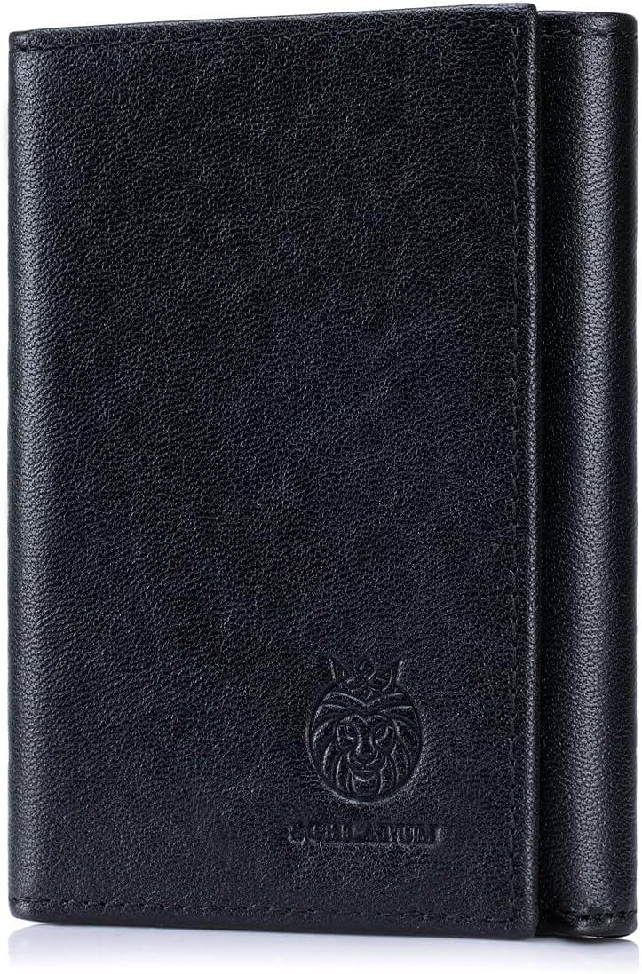 Trifold Wallets for Men RFID Blocking Full Grain Leather Short Mens Wallet with Snap Closure, 8 Card Slots, Clear ID Window, Vintage