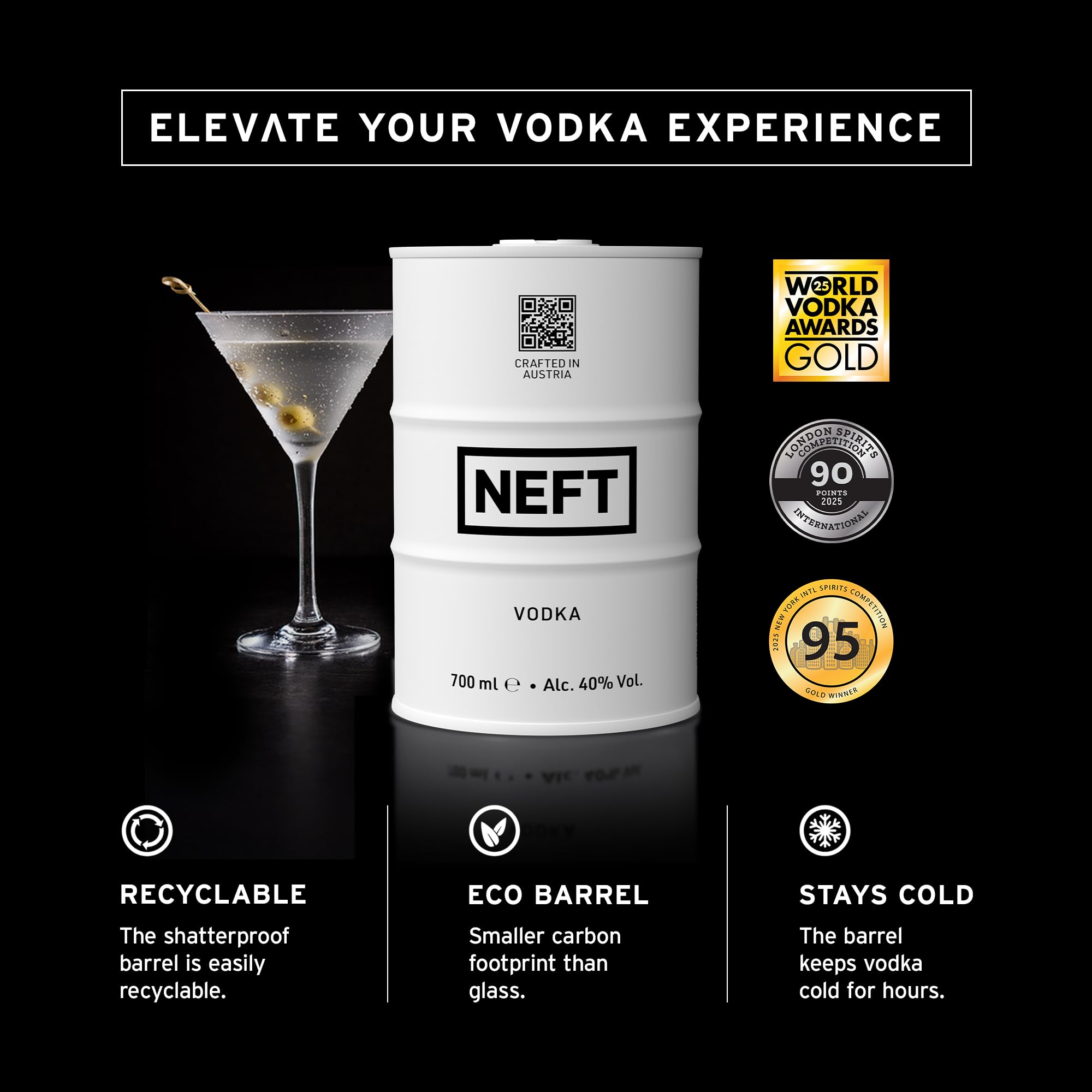 NEFT Vodka White Barrel 70 cl – Ultra-Premium Wodka aus Österreich – 40 % Vol. |Alpen-Quellwasser & Roggen | Weich, rein & stylisch | Bruchsicheres Design | Ideal pur & im Cocktail