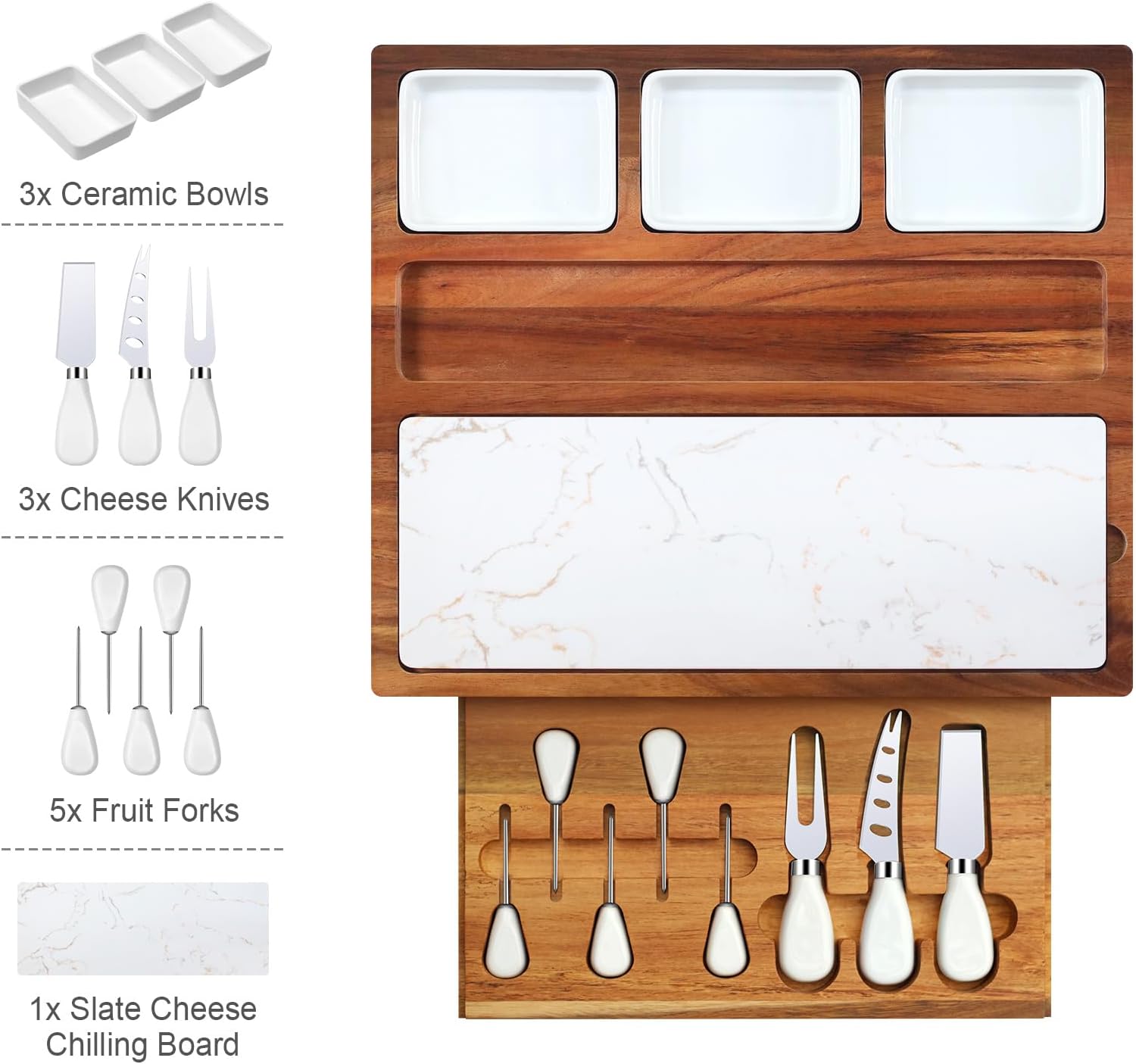 Charcuterie Board Set Premium Large Acacia Wood Cheese Platter with Reusable Bowls, Cheese Knives and Forks - Housewarming, Wedding, Bridal Shower, Birthday Gifts