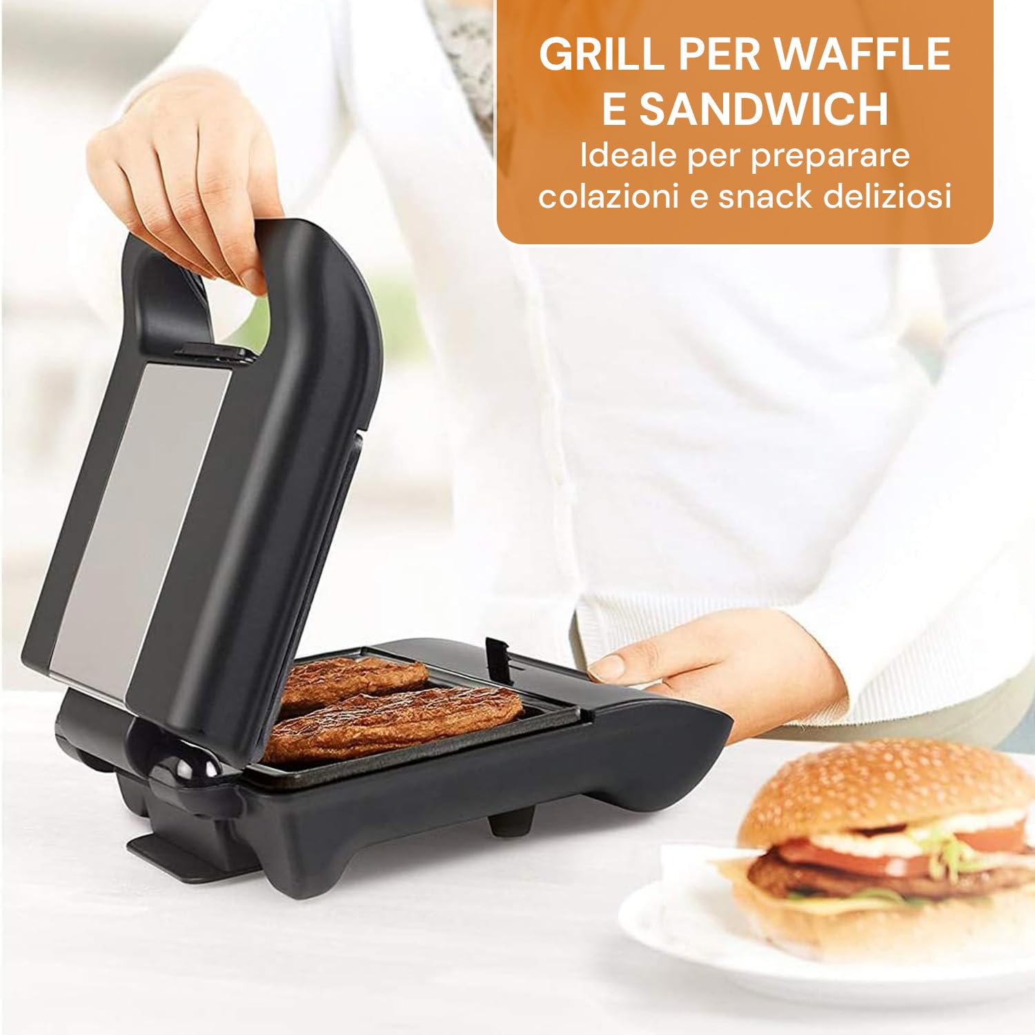Wintem Piastra per Waffle e Sandwich Antiaderente in Acciaio Inox - Potenza 800W e Funzioni di Griglia, Waffle e Formaggio alla Griglia - Dimensioni 22,6x23,6x10,8cm - Piastre Intercambiabili