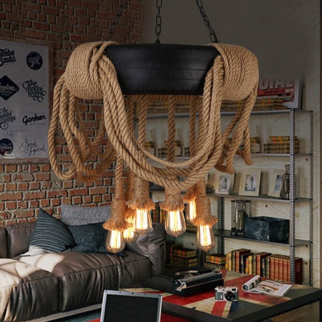 Manilla touw ijzerdraad lampenkap plafondlamp henneptouw, rustieke touw creatieve retro lichtkroonluchters, vintage jute ijzeren hanglamp draagbare lampenkap met lamp (40cm kap