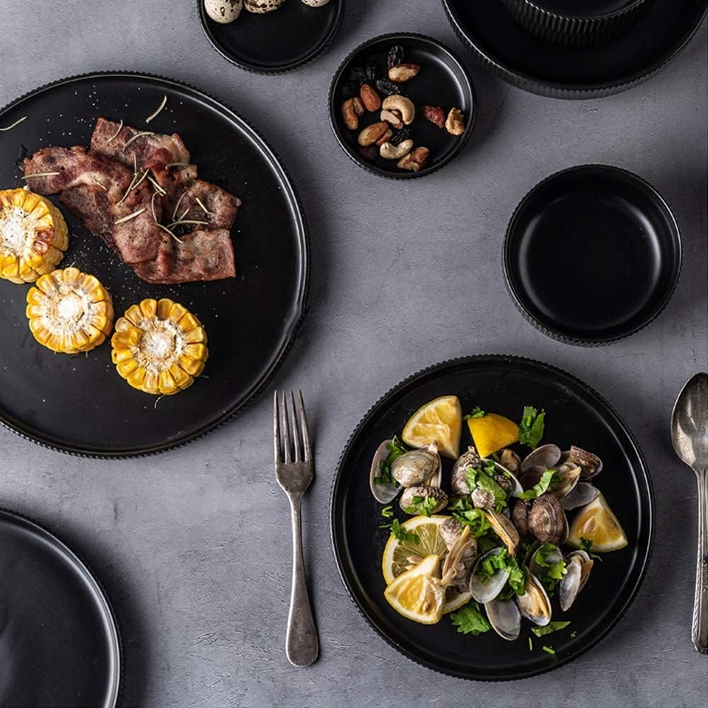 16ピースディナーウェアセット、ブラックラウンドセラミックテーブルウェア、4人用、ディナープレート4枚、デザートプレート4枚、サラボ