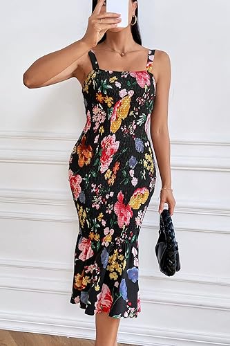 Miniatura 4 de PRETTYGARDEN - Vestido veraniego floral para mujer, por debajo de la rodilla, ajustado, sin mangas, con tirantes delgados y dobladillo con volados