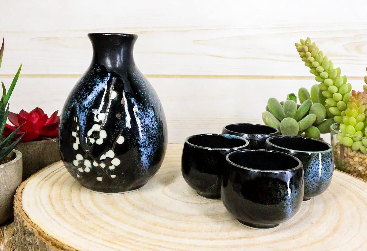 Set Of 1 Ceramic Midnight White Cherry Blossoms Sake Flask With 4 Cups Set