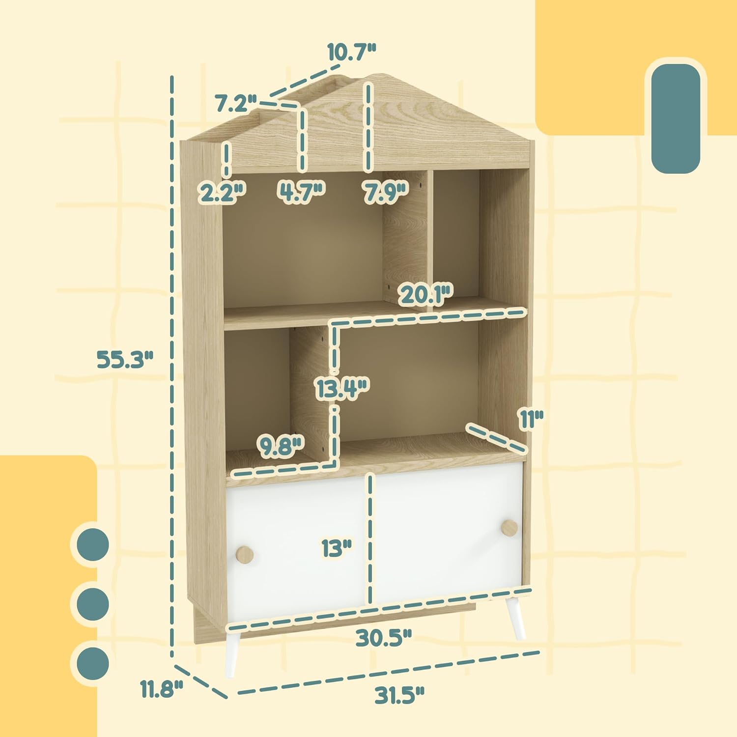 Qaba Kids Bookshelf and Toy Storage, 4-Cubby Children's Toy Shelf, Montessori Bookcase with Top Shelves for Playroom, Children's Room, Living Room, Kindergarten, White