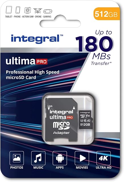 Integral 512GB Micro SD Card 4K Video Read Speed 180MB/s and Write Speed 150MB/s MicroSDXC A2 C10 U3 UHS-I 180-V30 Our Fastest Ever High Speed Micro SD Memory Card