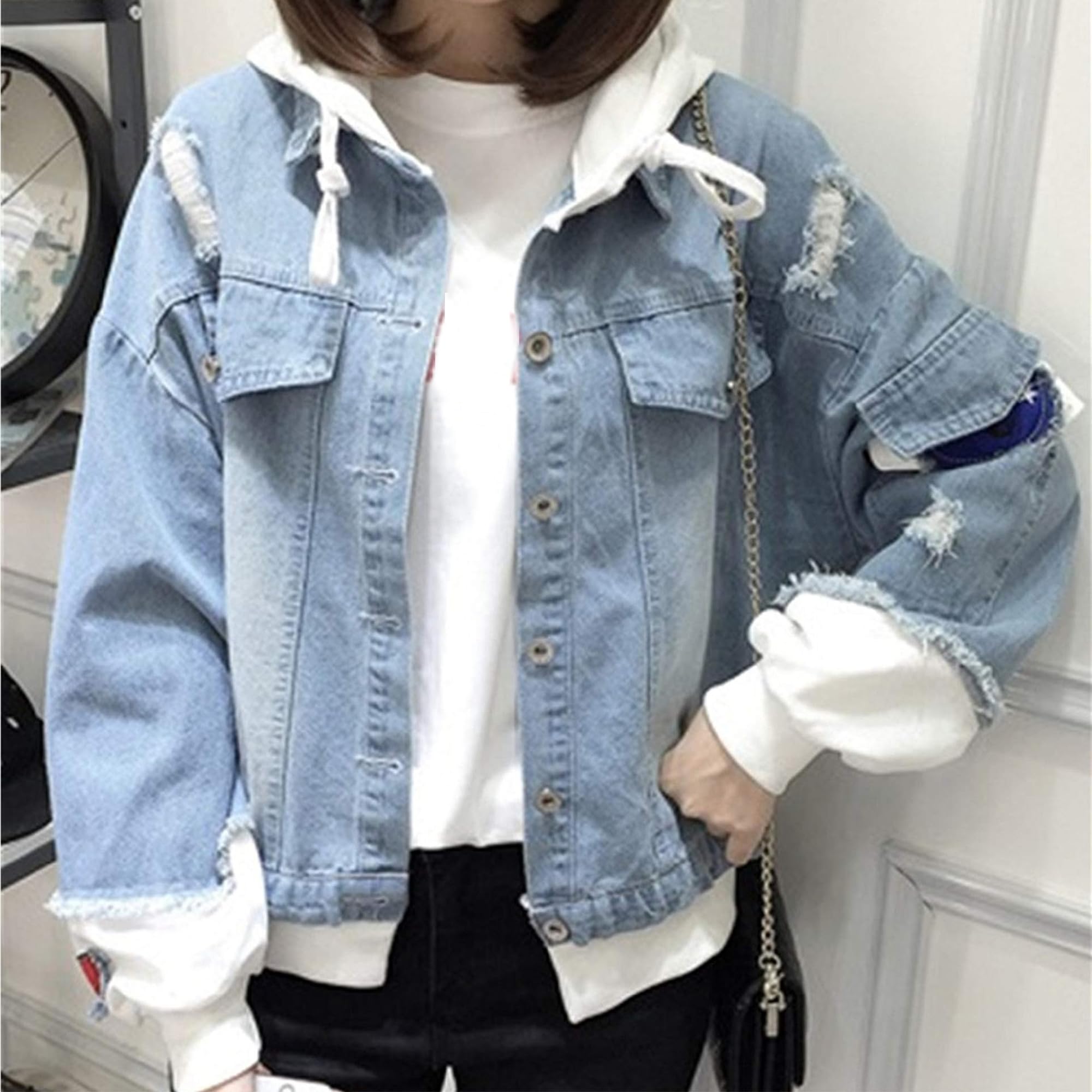 Damen Denim Kapuzenjacke Blaue Jeansjacke Y2K Mode Hoodie für Teenager