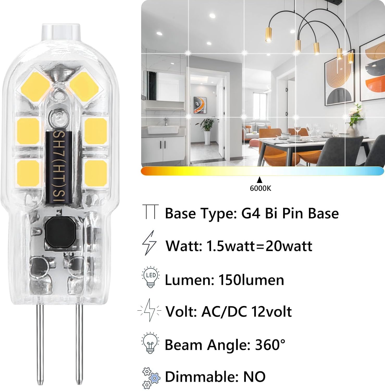 G4 LED Bulbs, 20W Equivalent Light Bulb, 1.5w 12V G4 Bi Pin Base Bulb, Daylight White 6000K, Non-Dimmable, 10 Packs