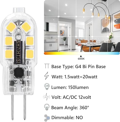 Miniatura 2 de Bombillas LED G4, bombilla equivalente a 20 W, 1.5 W 12 V G4 bombilla base bi pines, luz blanca diurna 6000 K, no regulable, 10 paquetes