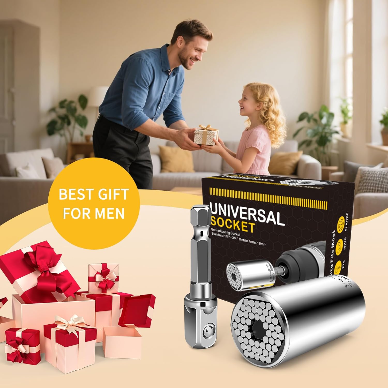 Universal Socket Wrench Set (7-19mm) – Fits Standard 1/4''-3/4'',Fathers Day Dad Gifts,Multi-functional Universal Socket Power Drill Adapter Gifts for Men, Father, Husband, DIY Handyman
