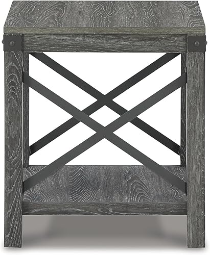 Miniatura 6 de Signature Design by Ashley Freedan - Mesa auxiliar cuadrada rústica de granja, madera, detalles de metal Crossbuck, estante de exhibición inferior,
