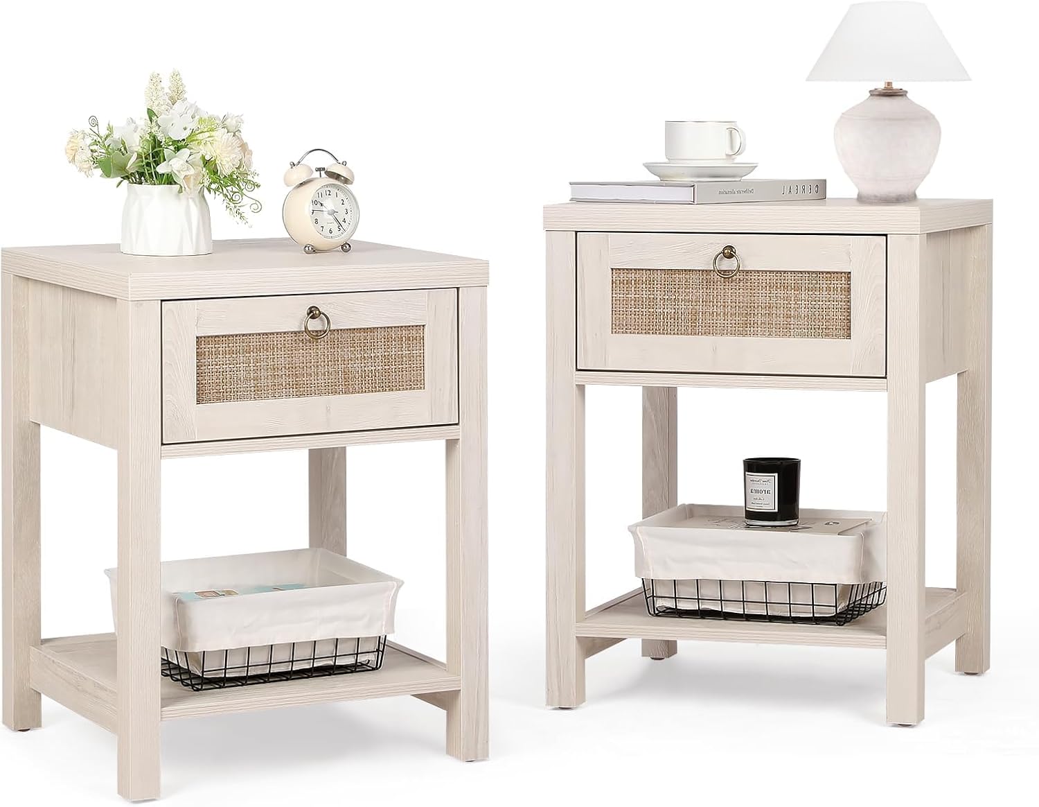 VOWNER Rattan Nightstands Set of 2 - Farmhouse Bedside Table Night Stand with Drawer and Storage Shelf, Boho End Side Table for Bedroom, Mesitas De Noche para Dormitorio, Light Oak