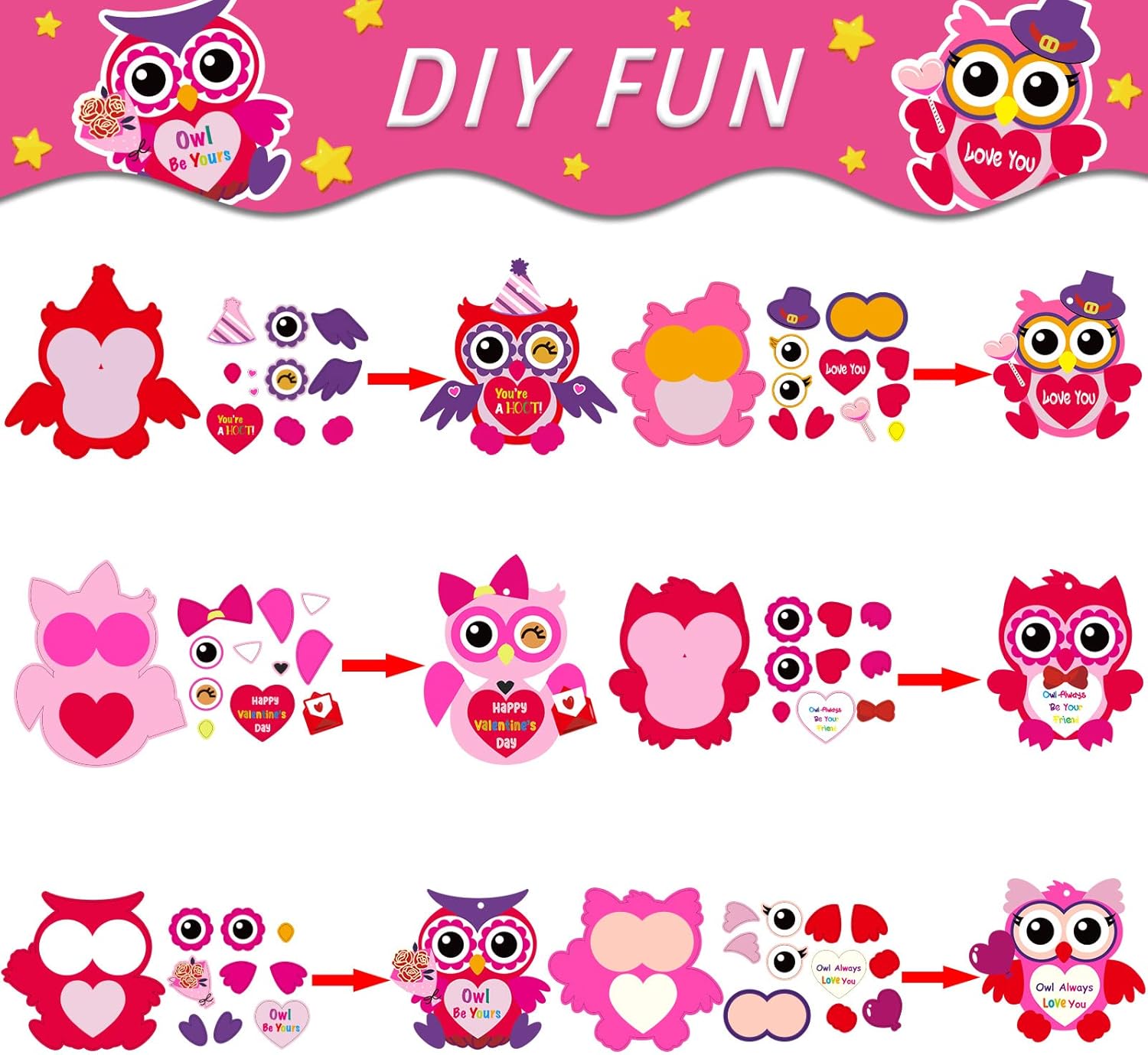 chiazllta 30 PCS Valentine's Day Craft Kits DIY Owl Craft for Valentine's Heart Craft Make Your Own Owl Bulk Set for Home Game Activities