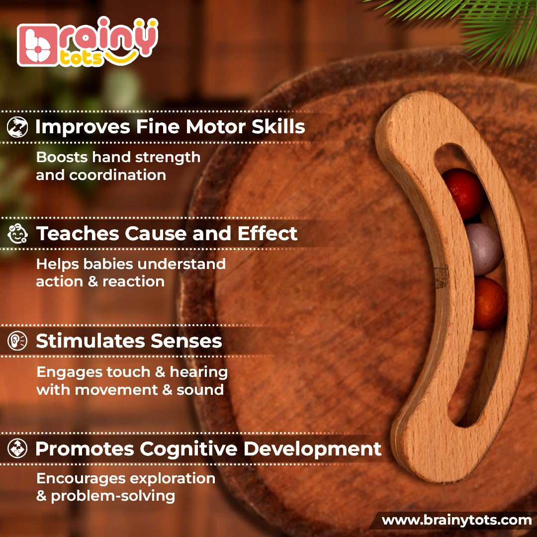 Brainytots Banana Shaped Beads Rattle and Wobbler Combo for Babies 0+ Months | Montessori Wooden Sensory Toy for Newborns | Roly Poly Wobble Toy for Motor Skills and Early Learning 2
