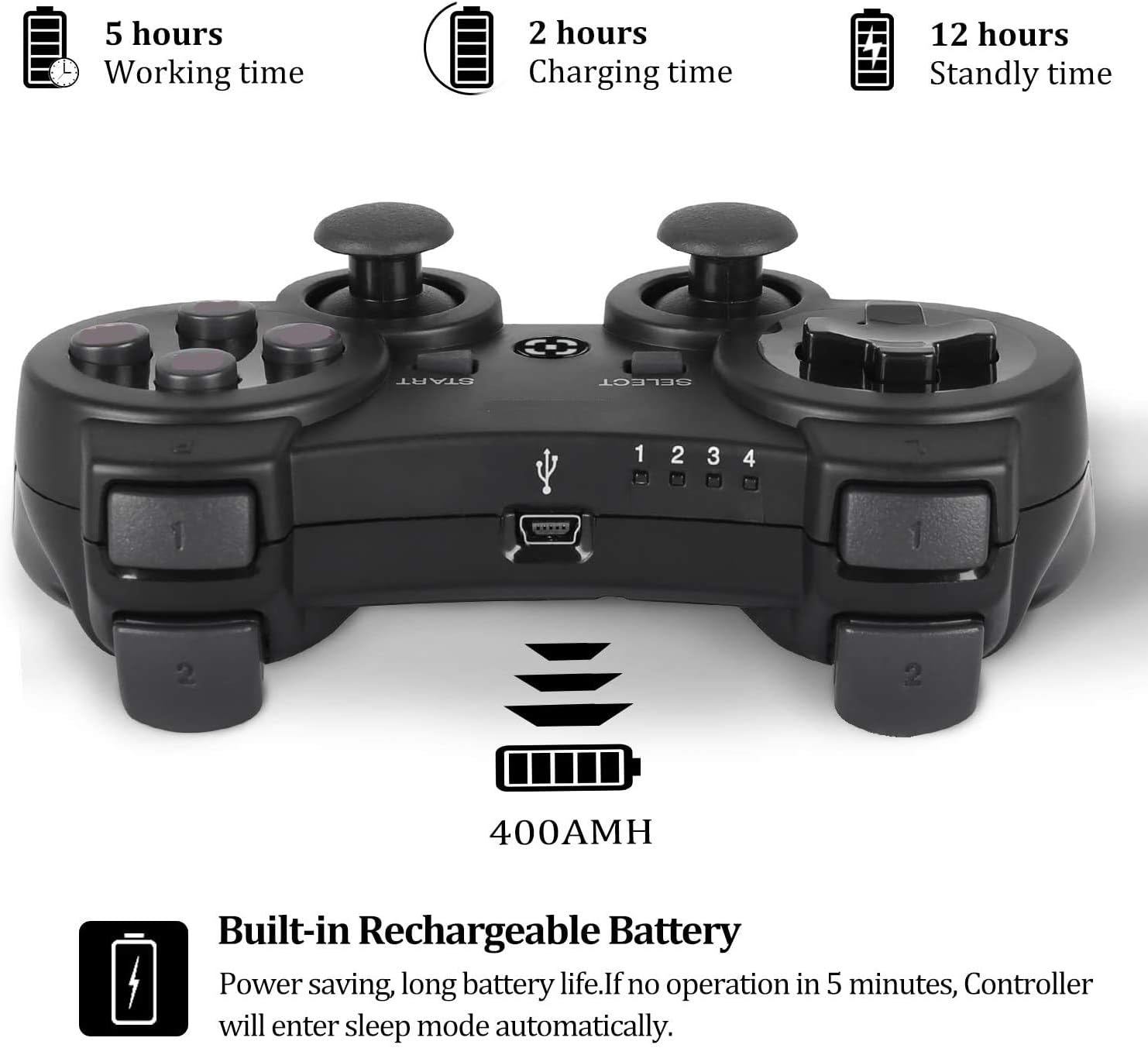 PS3 Controller 2 Pack Wireless Motion Sense Dual Vibration Upgraded Gaming Controller for Sony Play Station 3 with Charging Cord (Black)