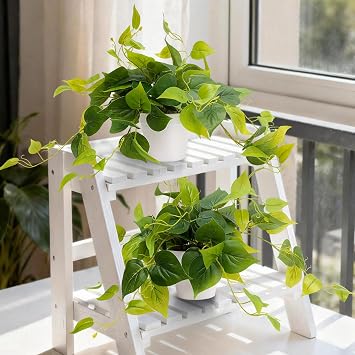alyptus Fake Pothos Hanging Plants Set of 2 Faux Ivy Vines Realistic Silk Devils Ivy for Indoor Decor, Low Maintenance Artificial Greenery for Home Bathroom or Office - Green with White Pots