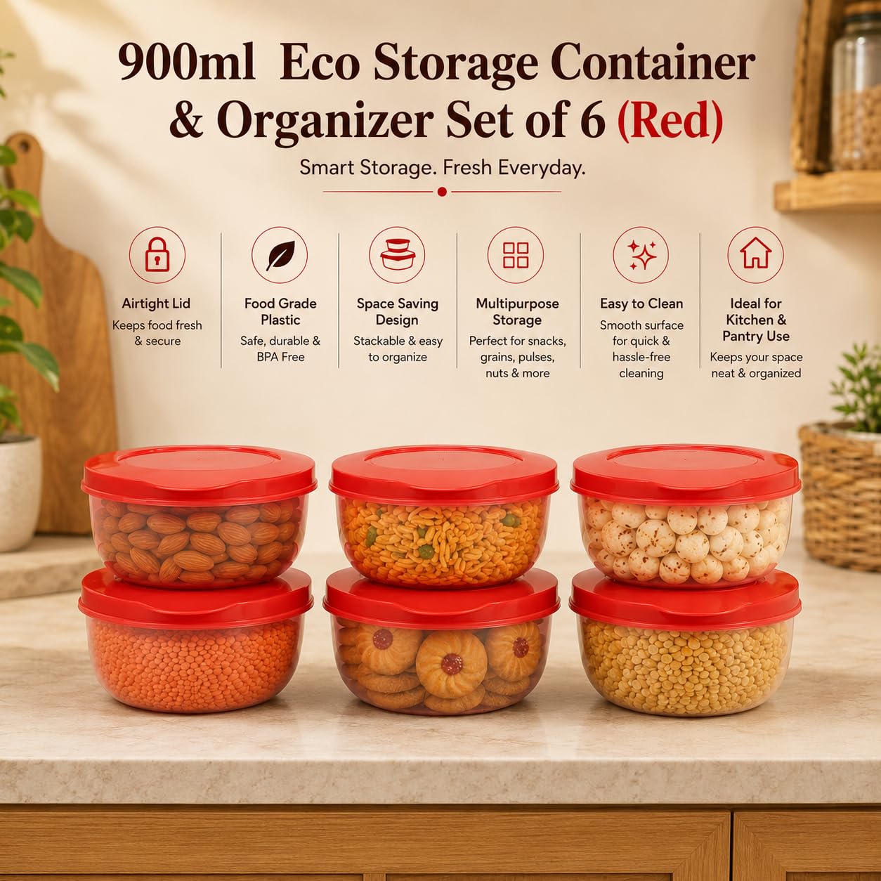 Cutting EDGE Eco-Storage - Juego de 6 recipientes de plástico para cocina y refrigerador, color rojo, 900 ml