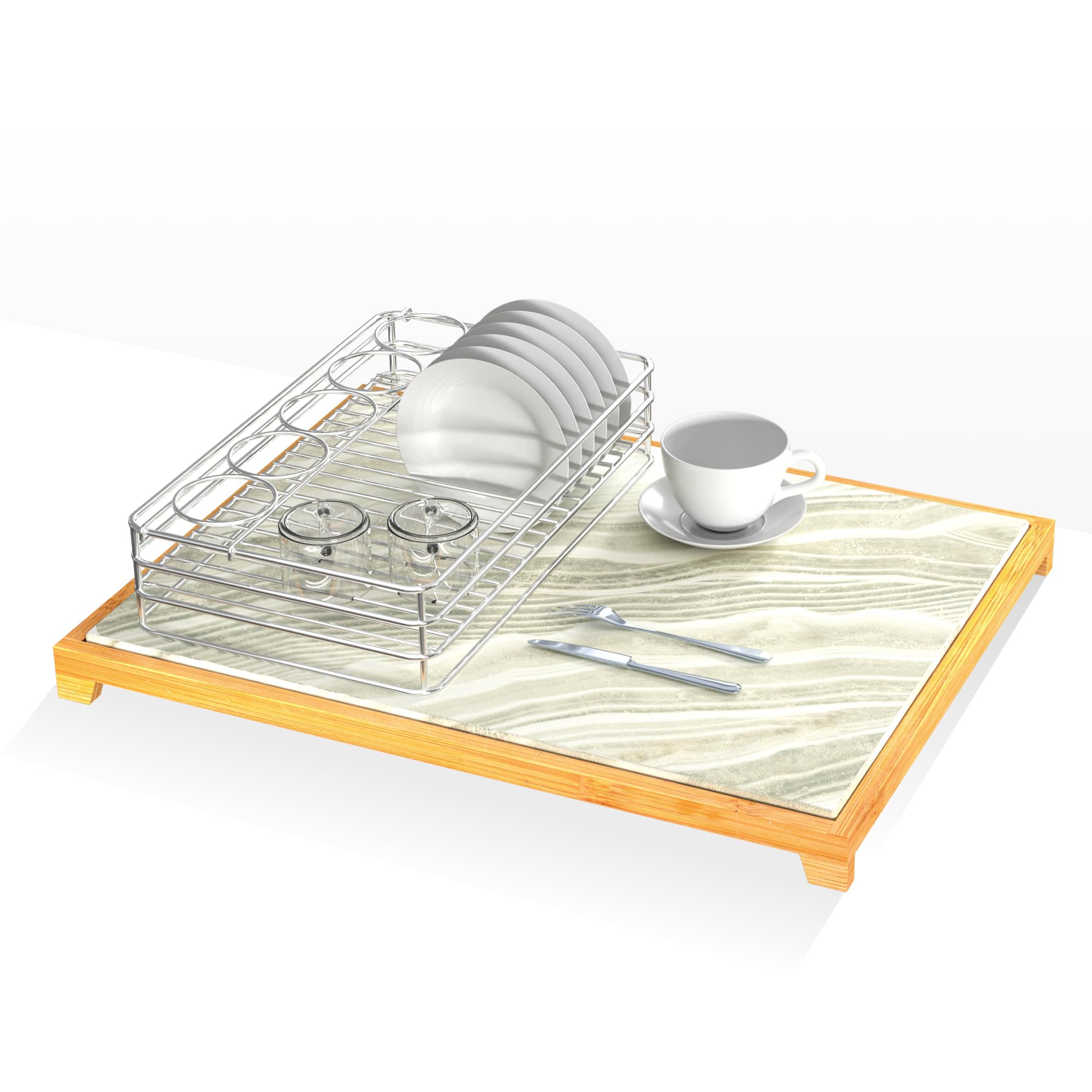 Stone Drying Mat for Kitchen Countertop, Bamboo Rack Dish Pad，Absorbent drying pad，Kitchen Countertop Diatomaceous Earth Mats（Yellow Marble ）