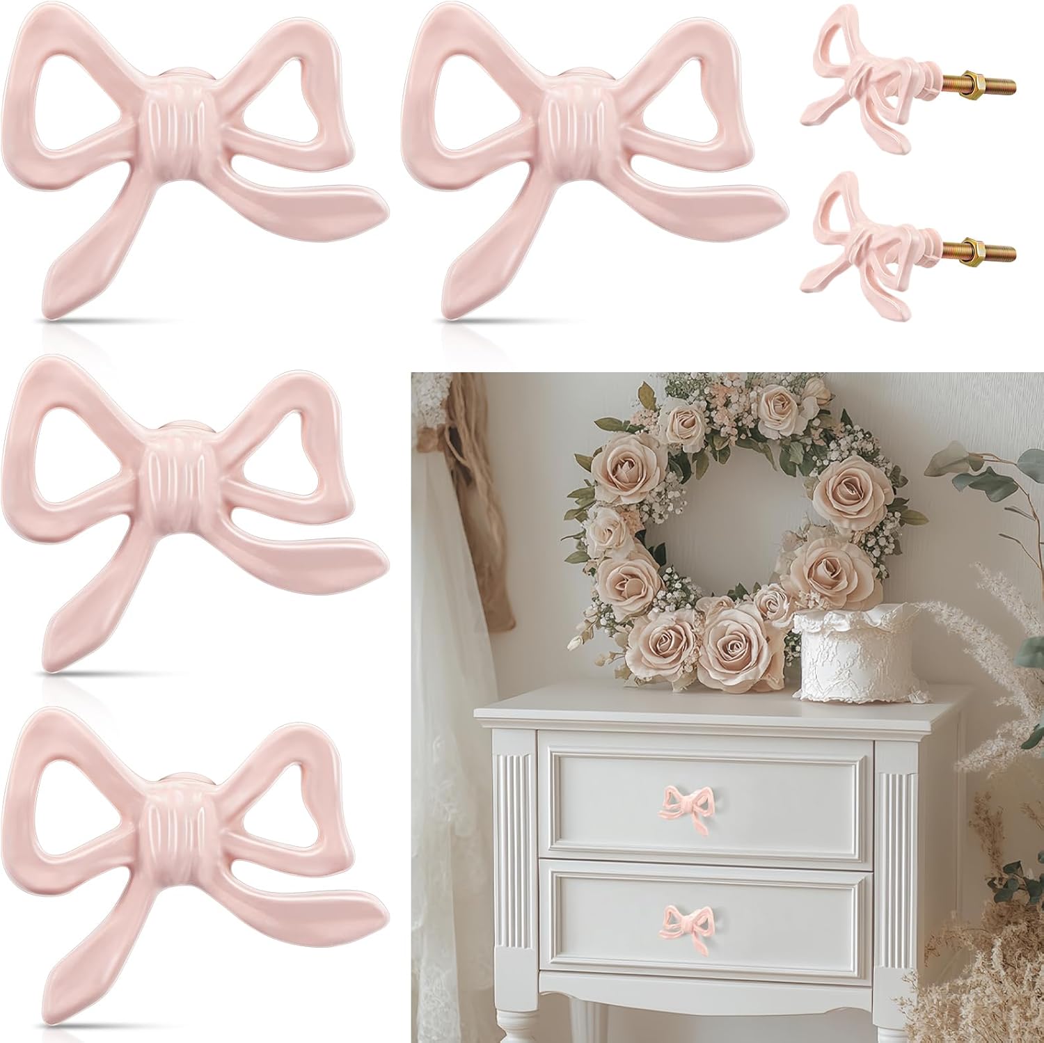 MorningRo 4 Pcs Pink Bow Knobs for Dresser,Pink Bow Drawer Knobs, Coquette Dresser Handles, Decorative Handles for Home Bedroom Hardware Cabinets Kitchen Glass Door Wardrobe