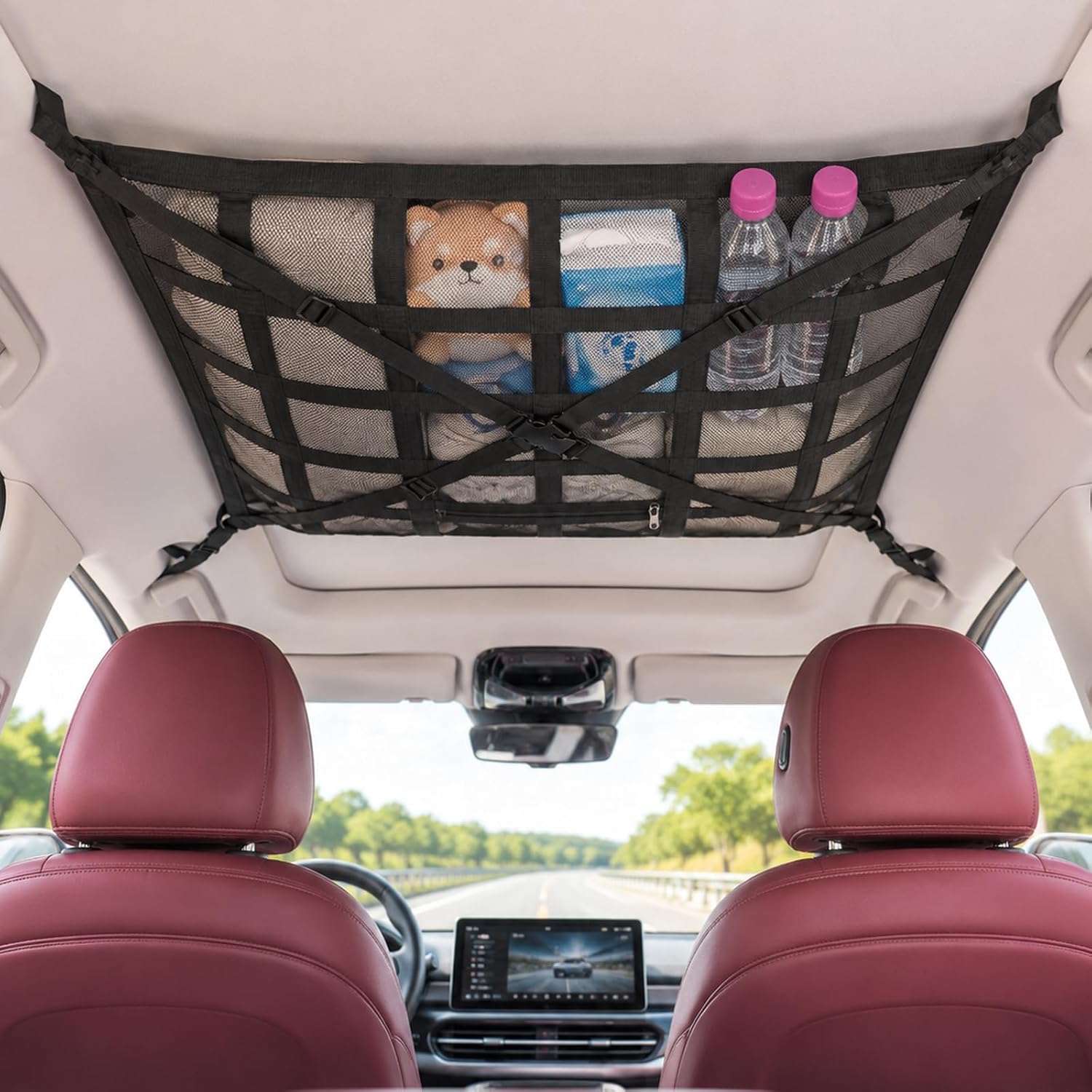 Car Ceiling Cargo Net, 35.4"x25.6" Double-Layer Overhead Roof Storage Organizer for SUV Truck Van, Camping Storage Mesh Net for Travel Road Trips, Van Life Essentials